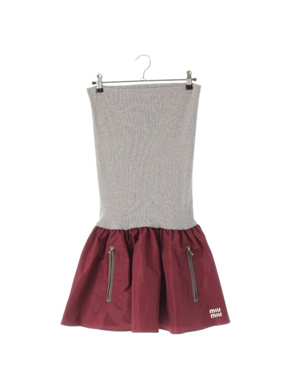 Miu Miu Technical Fabrics Logo Ribknit Easy Mini Skirt Amaranthbordeaux Gray 36